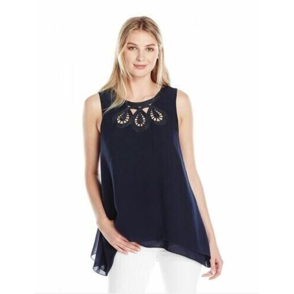 Lark & Ro Women's Navy Sleeveless Blouse With Embroidered Neckline Large